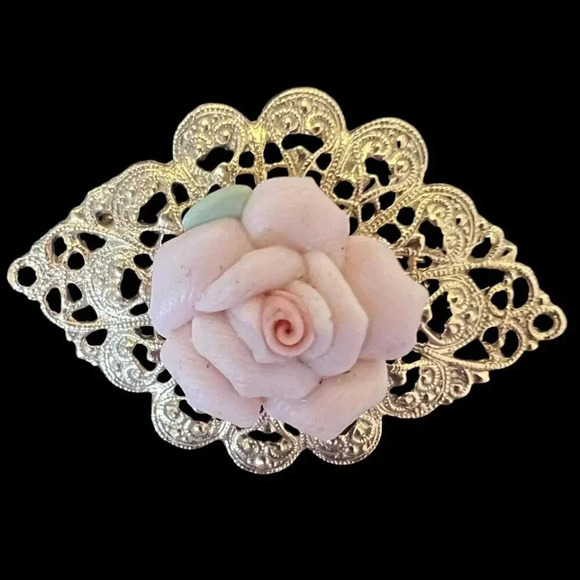 N/A Jewelry - Vintage 1928 Pink Porcelain Rose Filigree Brooch Pin Gold Tone